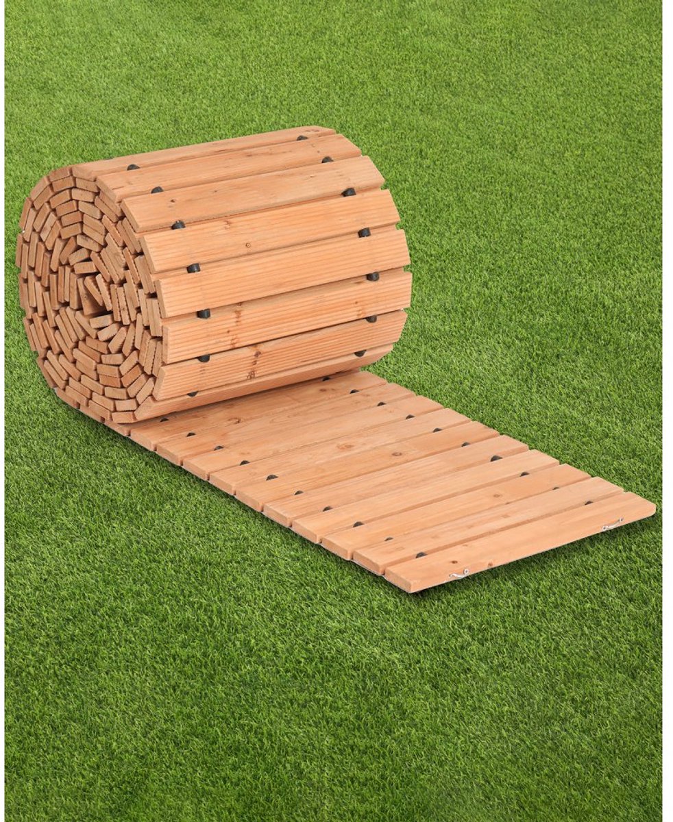 Uitrolbaar houten tuinpad - Looppad - Afmeting 727 x 43 cm - Cederhout - Staalkabelverbinding - Flexibel - Voor Tuin & Terras