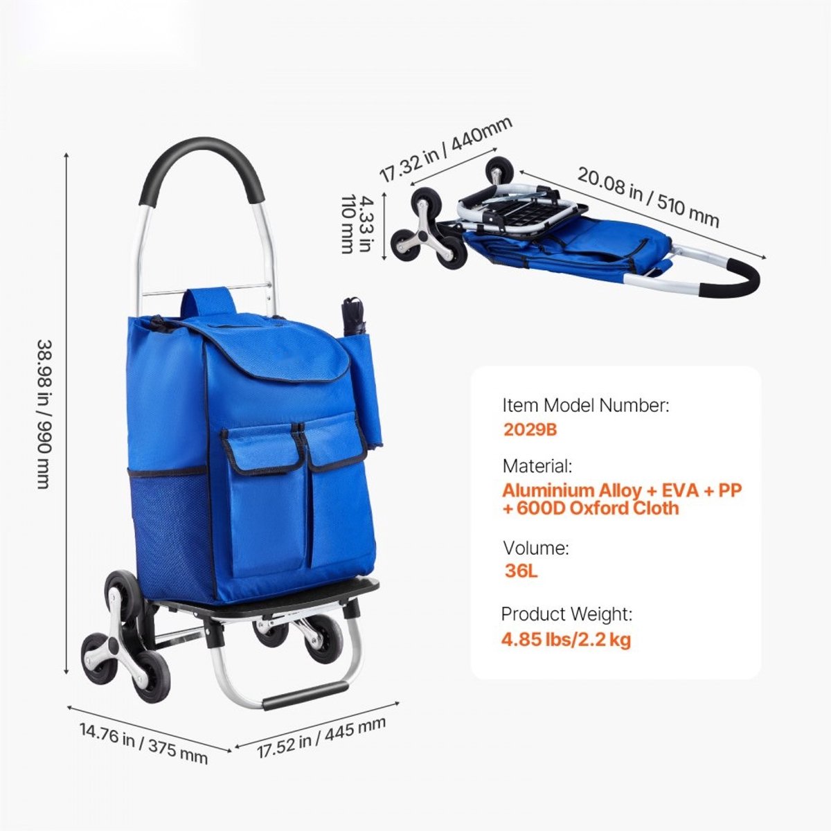 Boodschappentrolley - Traploop boodschappenwagen 6 wielen - Opvouwbaar - Opbergtas van Oxford-stof - 44,5 x 37,5 x 99 cm