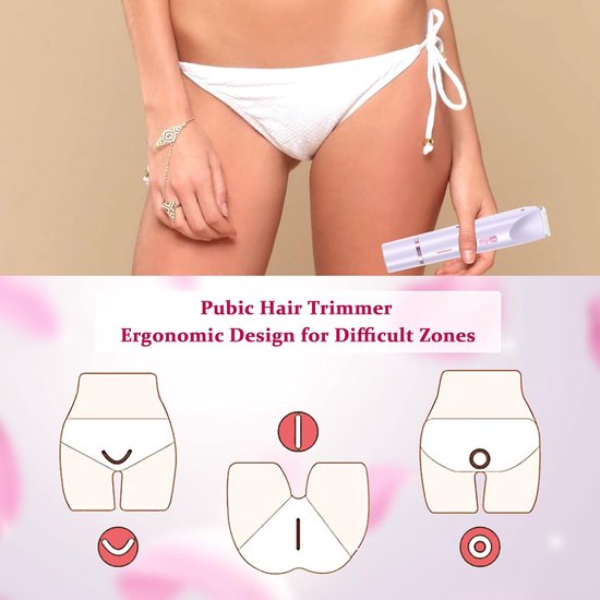 Vrouw met witte bikini gebruikt de paarse ladyshave. Illustraties tonen trimmen van de bikinilijn.