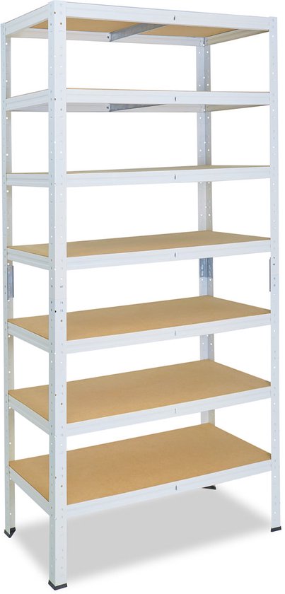 Witte metalen stellingkast met 7 houten planken, 200x70x40 cm.