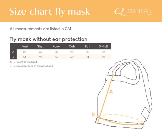 Maattabel voor vliegenmaskers zonder oorbescherming.