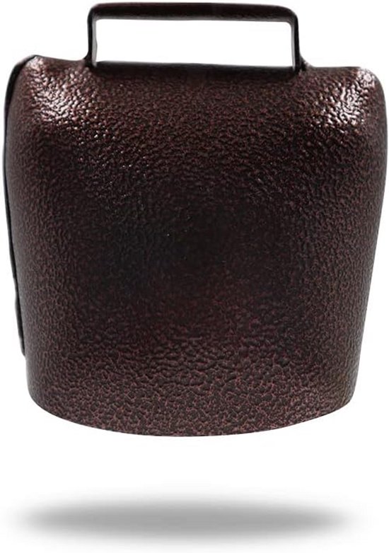 Bruine metalen koeienbel met handvat, met textuur.