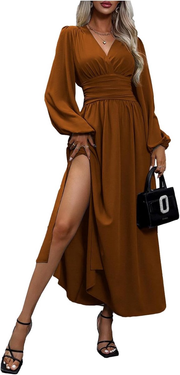 Dames Maxi Jurk V-hals Plissé Hoge Taille Lange Mouwen Zijden Split Casual Elegante Jurk voor Herfst en Winter