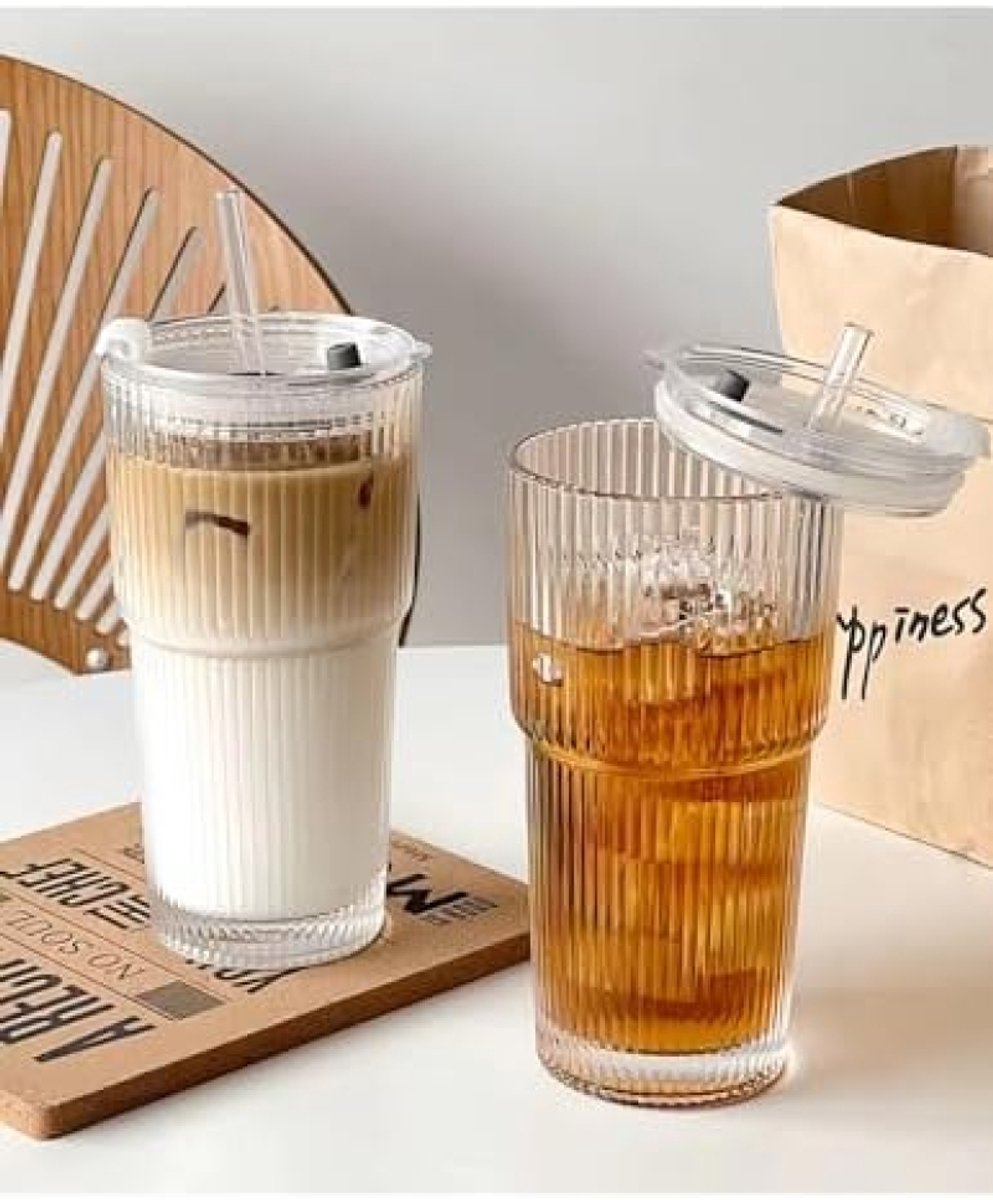 PromoHome Set van 2 Multifunctionele Drinkglazen met Deksel en Rietjes