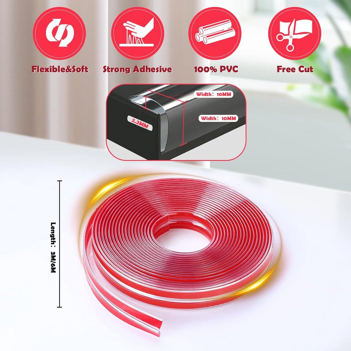 Transparante Randbescherming 6 Meter - Hoekbeschermer voor Meubels - Tafelbeschermer voor Babyveiligheid - PVC Hoekbescherming - Krasvaste Tafel Strip - Kinderveilig Meubelbeschermer - Tafelrand Beschermer 600 cm – foto 4