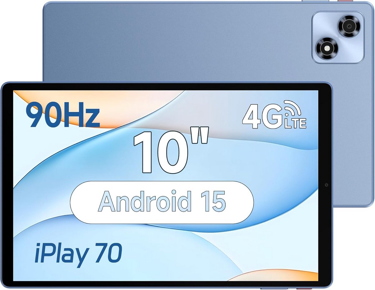 10 Inch Tablet Android 15 met 90Hz IPS Display, 128GB Opslag, 4GB RAM, LTE, WiFi 6, 6000mAh Accu - Blauw