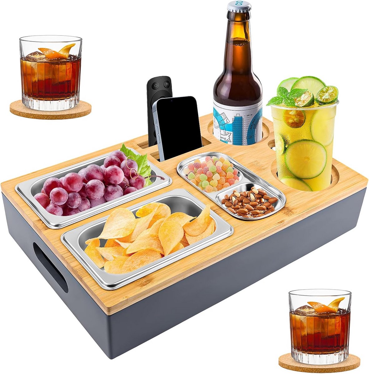 Snackbox met compartimenten, dienblad met 3 bakjes, bekerhouders en zetels