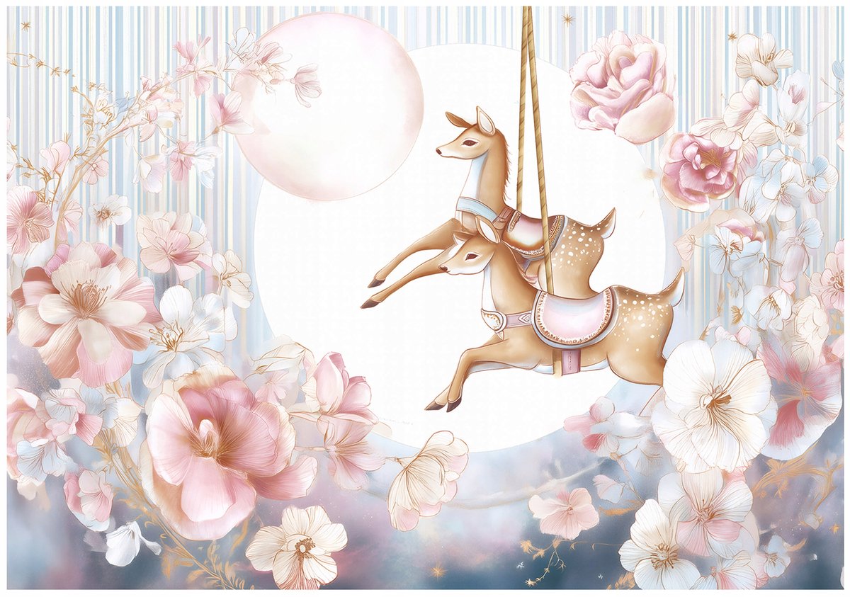 WALLARENA - Fotobehang - 350x250 cm - bloemen en herten voor de kinderkamer