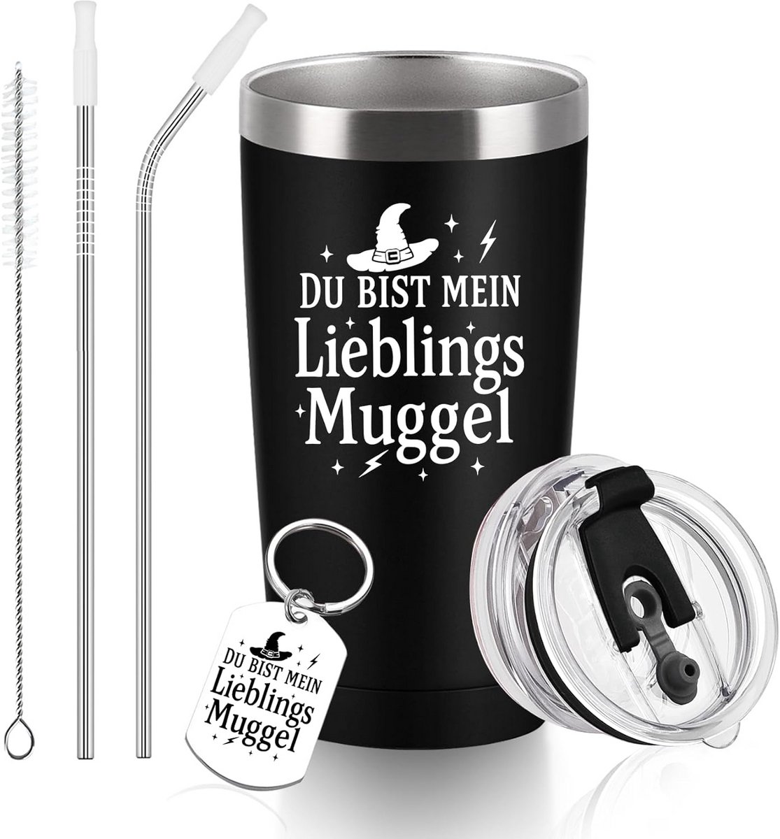Roestvrijstalen koffiemok 600 ml met deksel en rietje