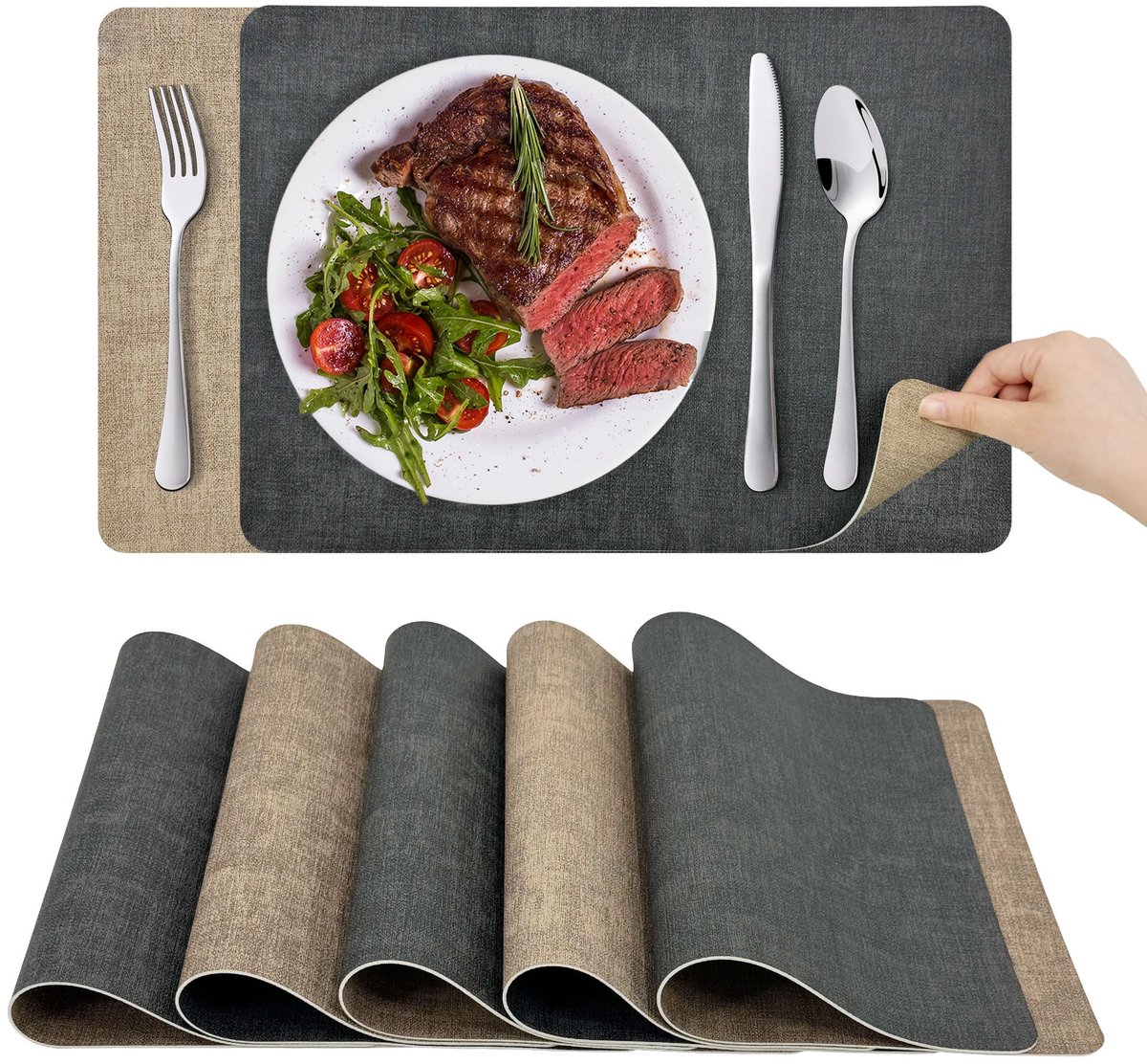Unyqoos® Set van 6 stijlvolle en waterdichte placemats met dubbelzijdig ontwerp