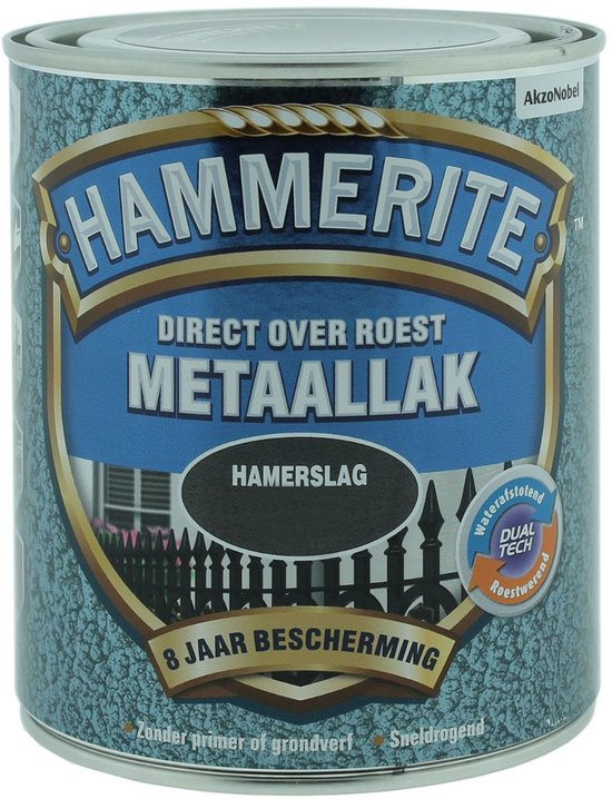 Hammerite metaallak, hamerslag zwart, 250ml. Blik met turquoise, gebarsten patroon.