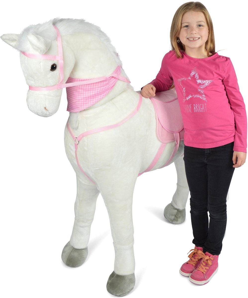 Pink Papaya Reuzen XXL Paard voor Kinderen - Luna - 125cm Pluchen Paard - Bijna Levensgroot Speelgoed Paard om op te Rijden en Zitten - tot 100 kg Belastbaar - Maakt Geluiden - met Kleine Borstel