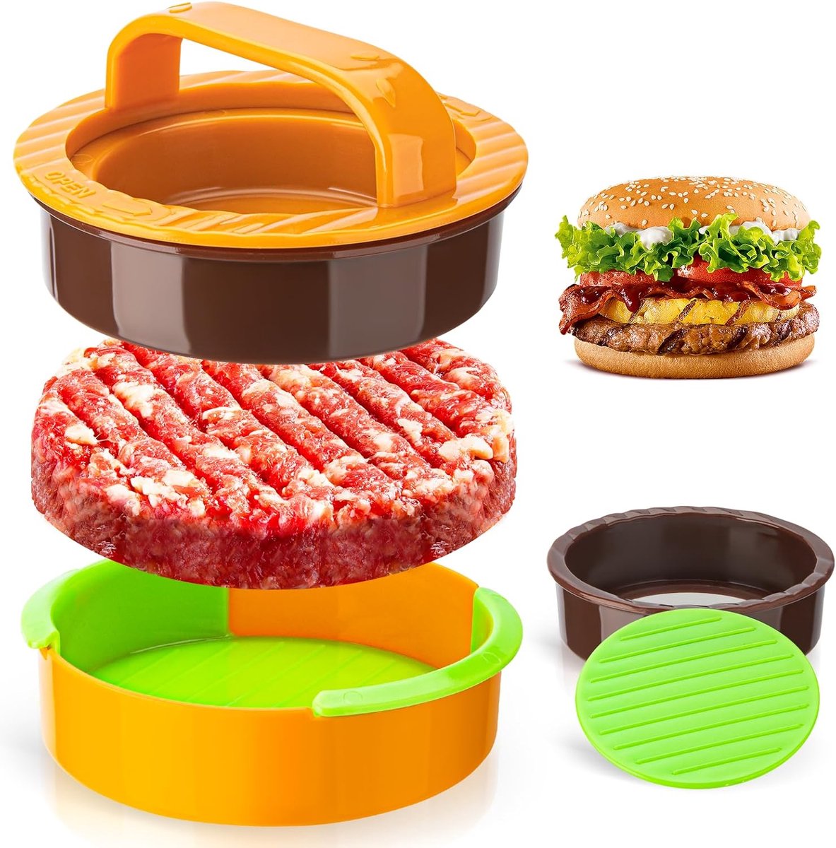 Oneay 1 stuk - 3-in-1 antiaanbak hamburgerpers, duurzame hamburgerpers, geschikt voor het maken van gevulde hamburgers, mini-hamburgers, veganistische en runderburgers, gemakkelijk schoon te maken, een onmisbaar hulpmiddel voor de grillkeuken