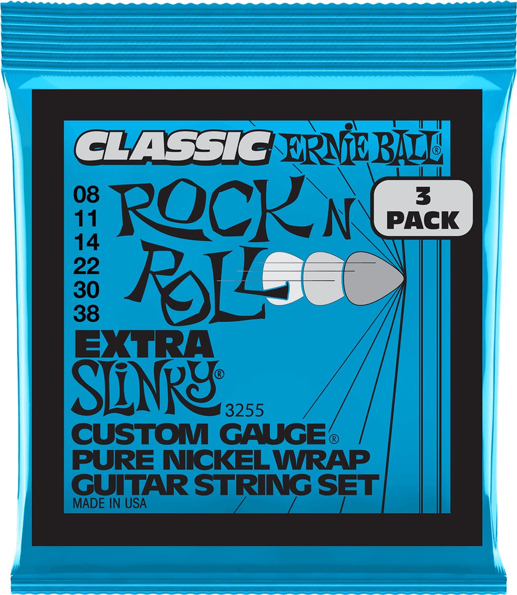 Ernie Ball 3255 Extra Slinky elektrische gitaarsnaren 3-pack (008-038)