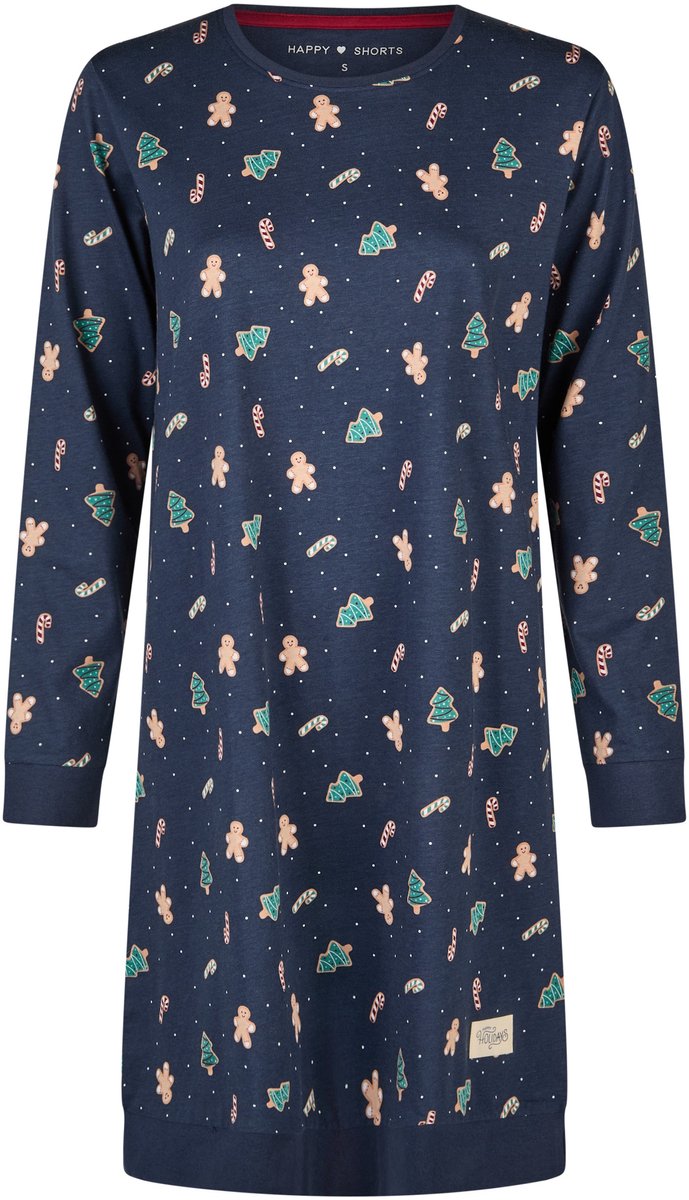Happy Shorts Dames Kerst Nachthemd Lange Mouw Donkerblauw Gingerbread