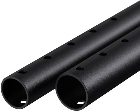 Twee zwarte, metalen stangen met meerdere gaten voor hoogteverstelling.