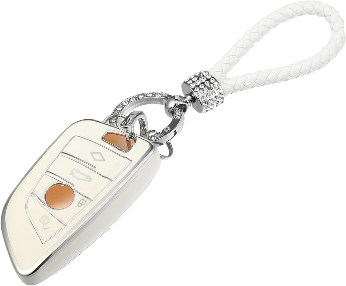 Provento - Smart Keyless Entry Afstandsbediening Hoesje met Ketting voor Auto - Wit - BMW X5 X6 7 Serie Schaalbaar - TPU - Sleutelhanger