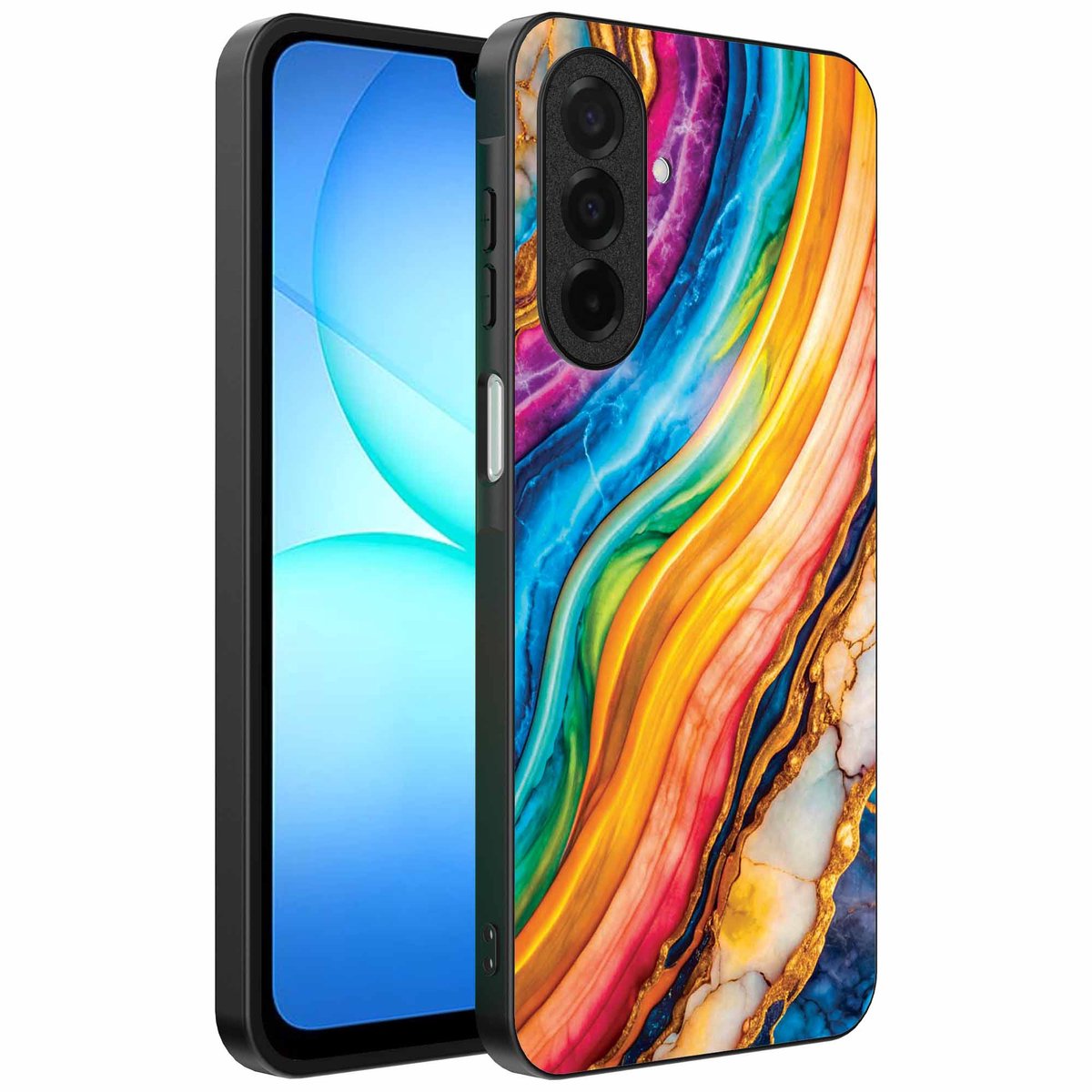 Geschikt voor Samsung Galaxy A17 Telefoonhoesje met Regenboog Goud Marmer Opdruk - TPU Backcover Case Rainbow Gold Marble Design - Smartphonica geschikt voor Samsung Galaxy A17