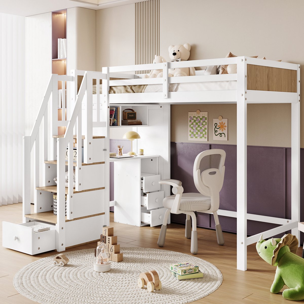 SONNENH Kinderhoogslaper 90x200cm - Eikenhout + MDF - Wit + Naturel - EN747 gecertificeerd - Veelzijdig ontwerp met bureau en opbergladen - Maximale veiligheid - Slimme opbergruimte