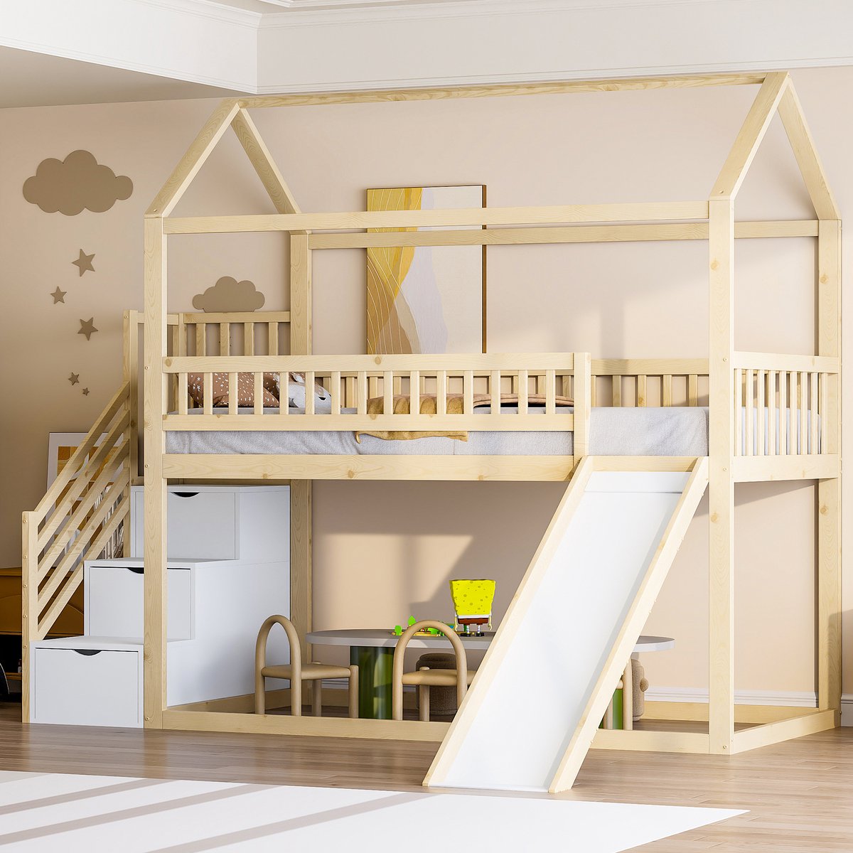 Kinderbed 90x200 cm - Massief houten frame - Hooge veilige reling - Schuine lattenbodem - Ruimtebesparend ontwerp - Met glijbaan en opbergladder - Eenvoudige montage