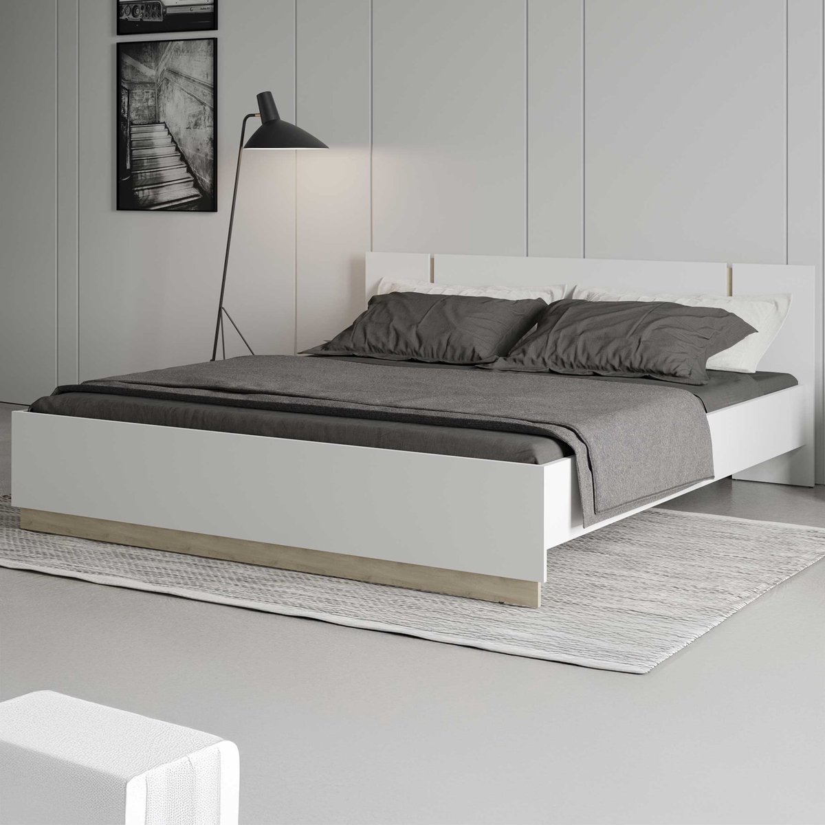 Bed Waylon 160 x 200 cm-mat wit/Kronberg eik - CBA - Tweepersoons bedkader - Wit - Melamine; Spaanplaat Tweepersoons Normaal bed
