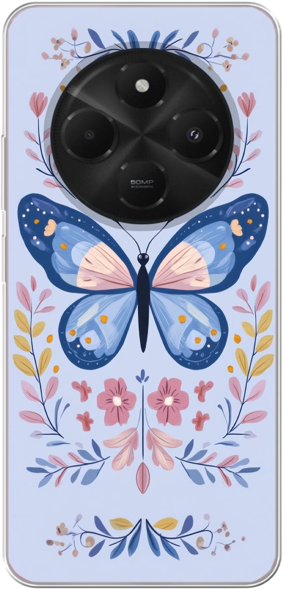 Telefoonhoesje Geschikt voor Xiaomi Geschikt voor Poco C75 (5G) hoesje - Vlinder - Lichtblauw - Sierlijk - Bloemen - Siliconen Telefoonhoesje Telefoonhoesje