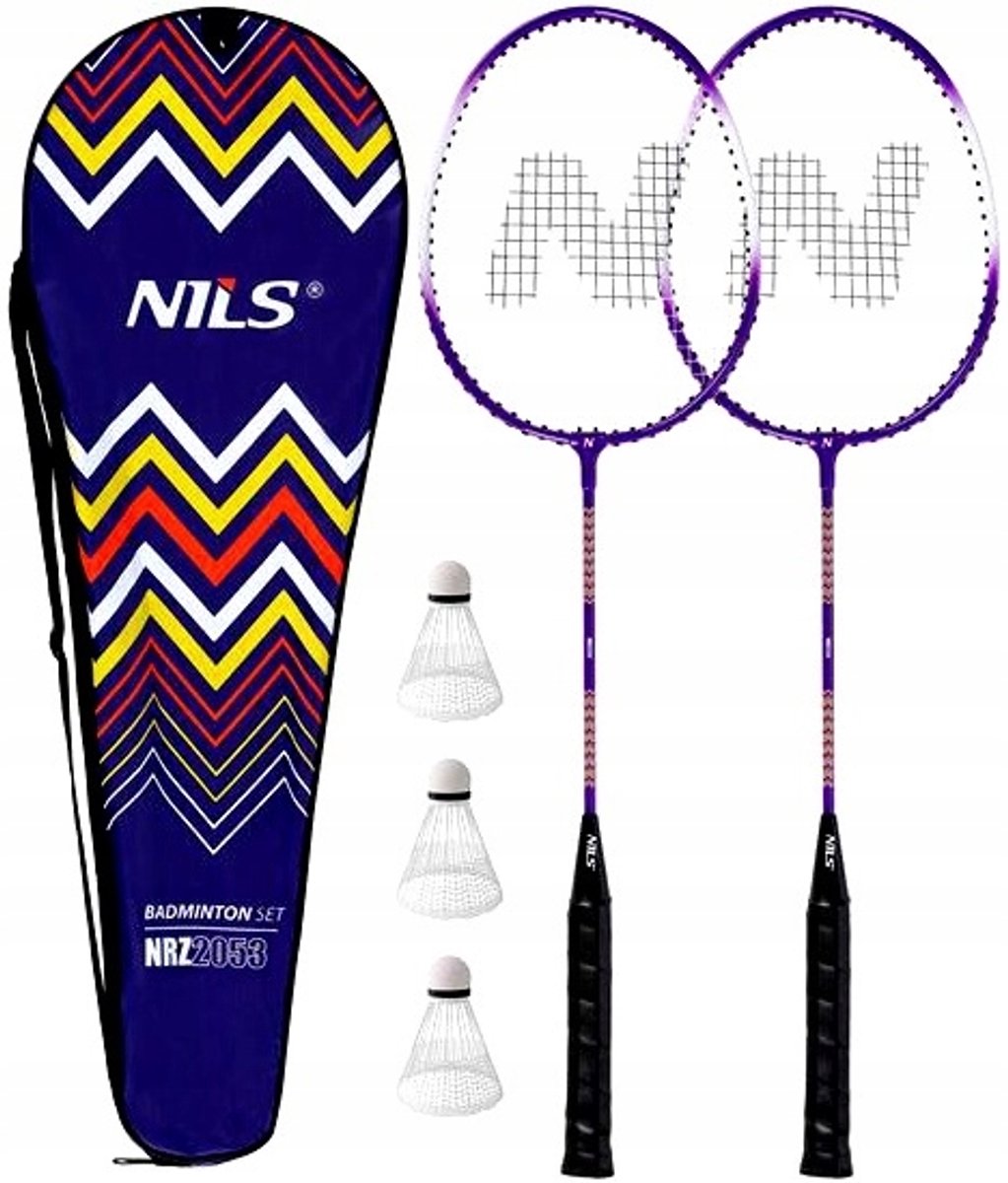 NILS Badmintonset: 2 aluminium rackets, 3 shuttles, hoes