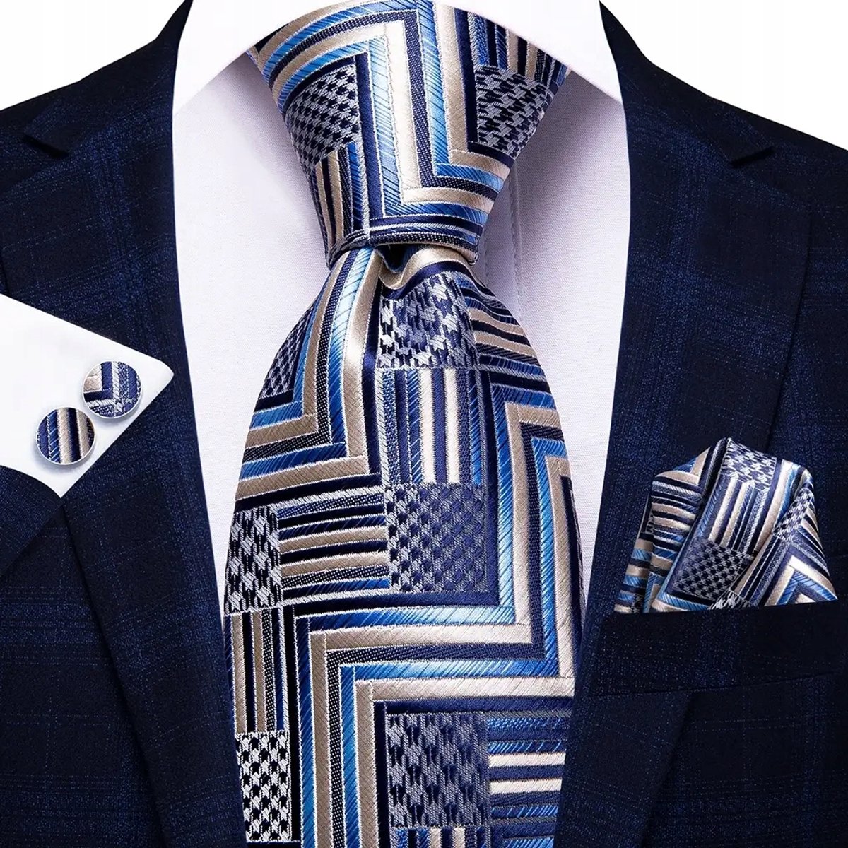 Zijden Jacquard Krawat Set: Stropdas, Manchetknopen & Pochet