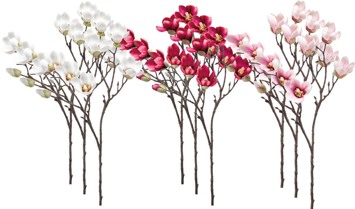 Emerald Kunstbloem Magnolia mini 65cm - Set van 9 - Kunstplant voor binnen Créme, Donkerroze & Lichtroze - Set van 9