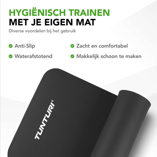 Zwarte Tunturi mat met anti-slip, waterafstotende, zachte en comfortabele eigenschappen.