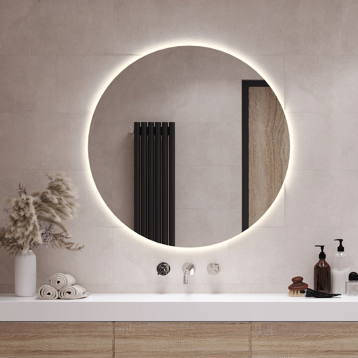 Coloray Ronde LED Spiegel - Wandspiegel Rund LED - 80 cm x 80 cm - Große Wandspiegel Rund LED - Runde Wohnzimmerspiegel LED - Warm Licht - Runder Spiegel Für Flur LED - Runder Spiegel Modern LED