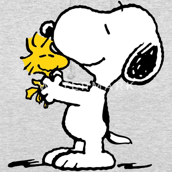Lichtgrijze hoodie met Snoopy en Woodstock die elkaar vasthouden.