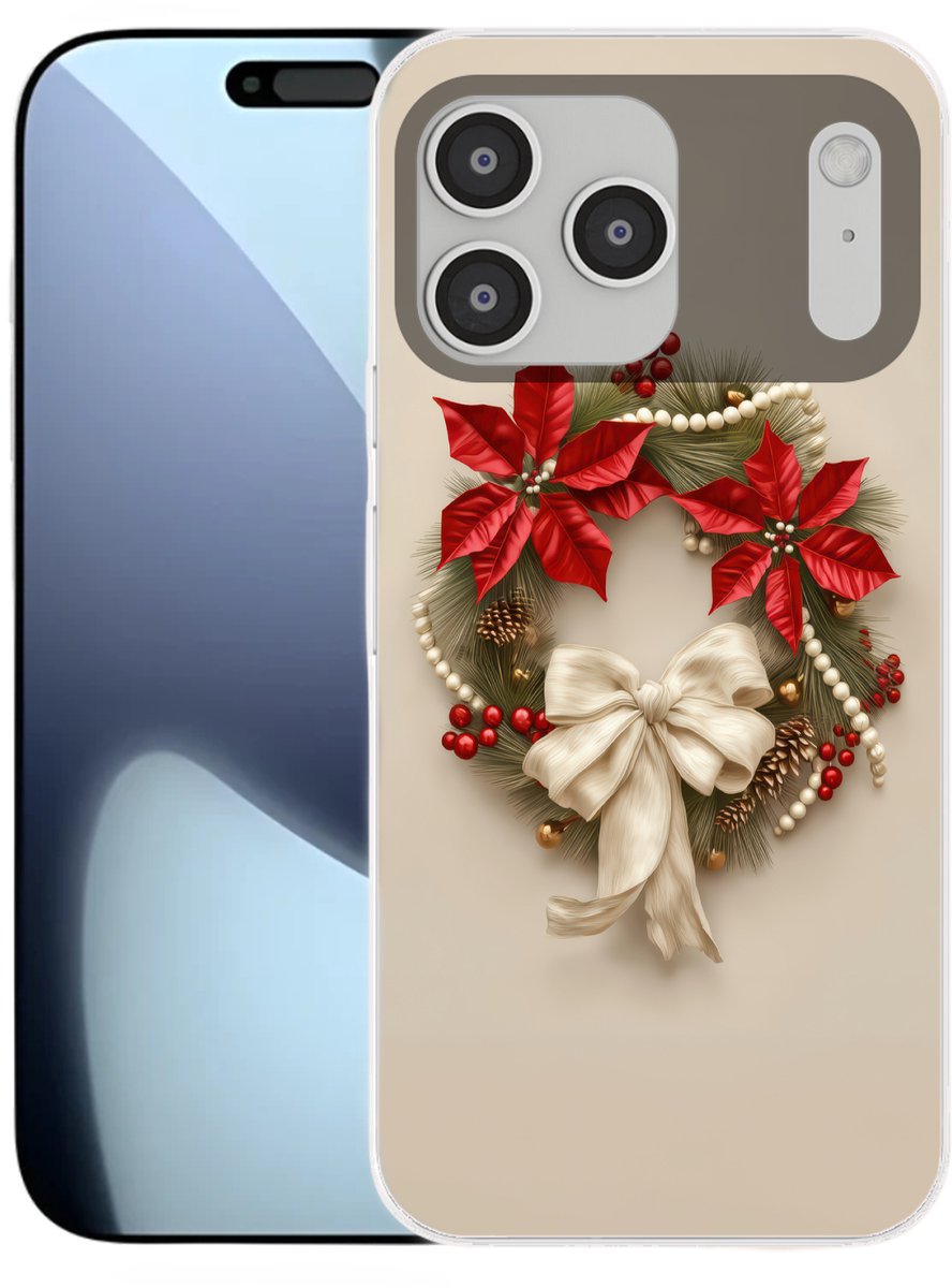 Telefoonhoesje Geschikt voor iPhone 17 Pro max hoesje - Deurkrans - Strik - Kerst - Rood - Groen - Siliconen Telefoonhoesje Telefoonhoesje