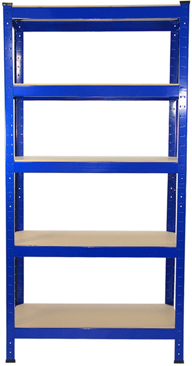8x blauwe stellingen, 5 lagen, staal, 150kg per plank, 75x150x30cm, boutloos