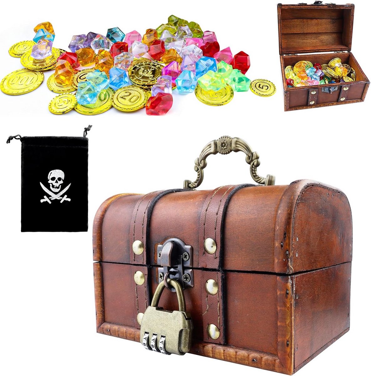 Houten Schatkist met Cijferslot - Inclusief 50 Piratengouden Munten en Kleurstenen