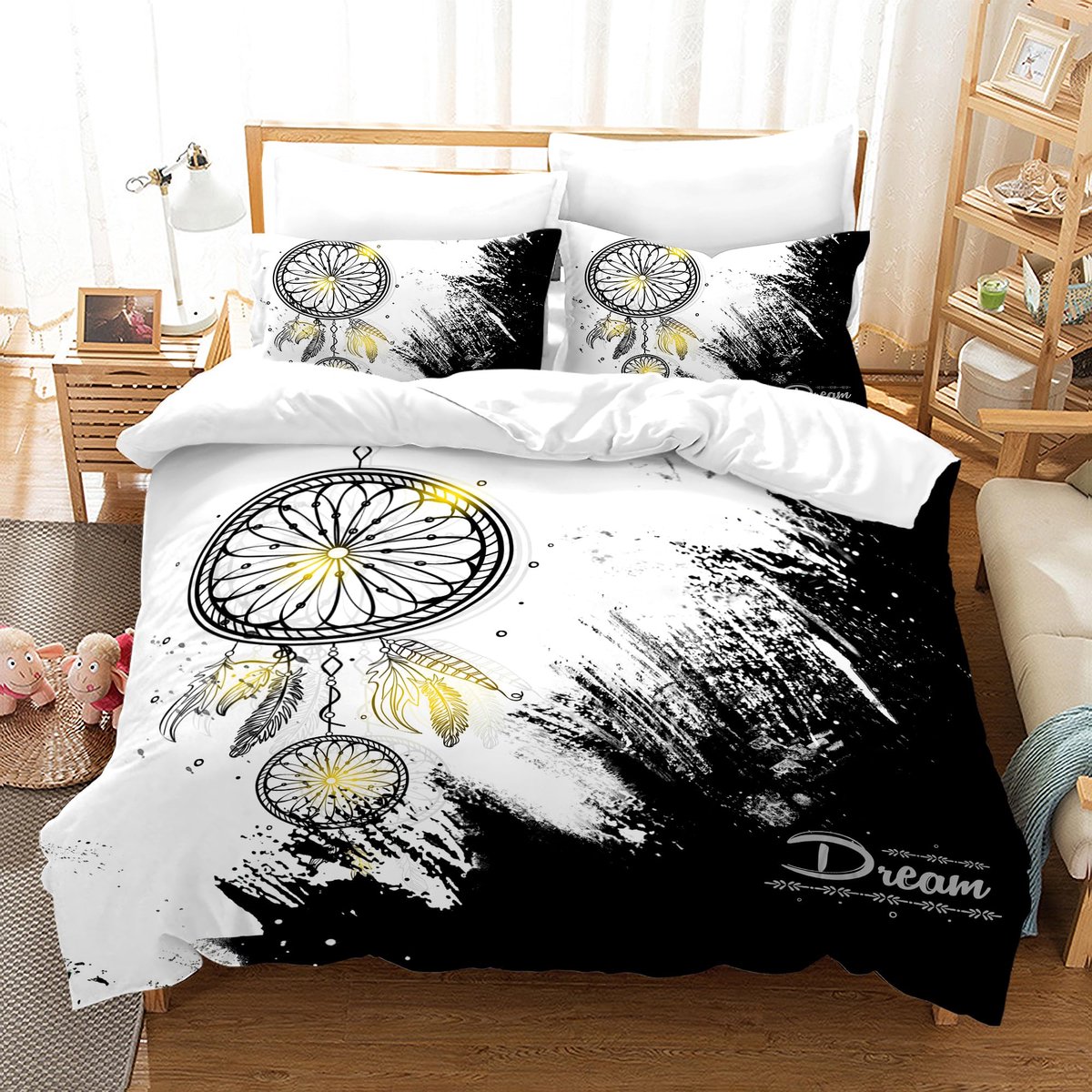 Unyqoos Comfortabele Boho Beddengoedset met Veren en Bloemenpatroon voor Tweepersoonsbed zwart wit