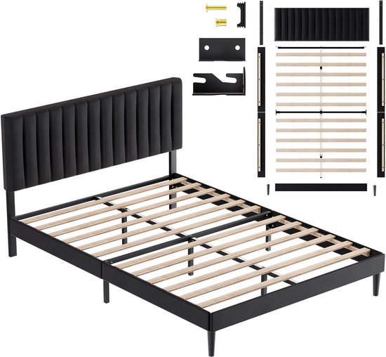 KUTAS Metalen Bedframe - Gestoffeerd Hoofdbord Zwart - Tweepersoonsbedden 140x200 CM - Verstelbaar Hoofdbord - Opbergruimte Onder Het Bed - Draagkracht 480 kg (Zonder matras)