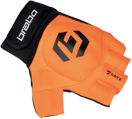 Oranje handschoen met zwarte accenten, zwarte logo's en klittenbandsluiting. Vingers ontbreken.