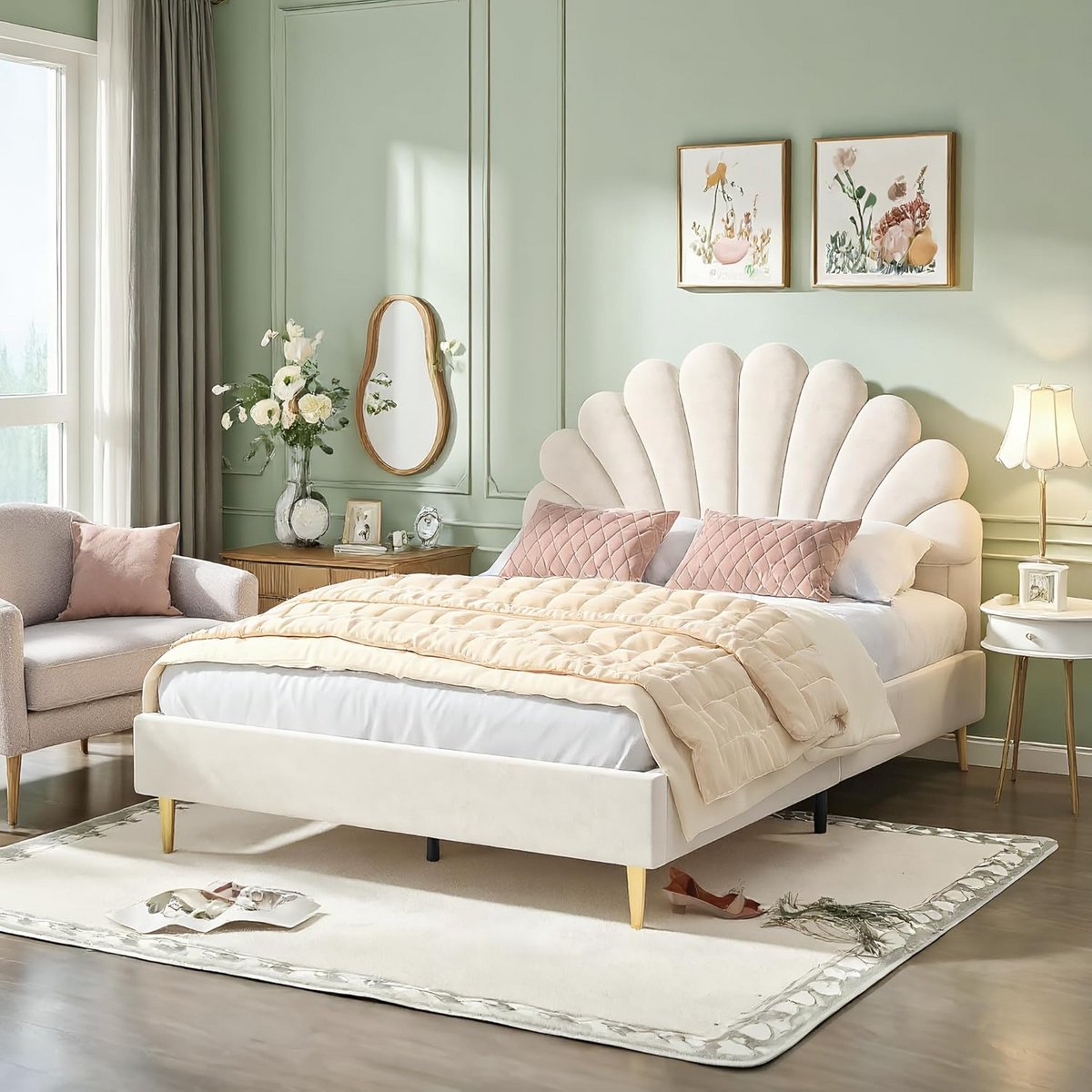 Gestoffeerd Tweepersoonsbed 140x200 cm met Lattenbodem en Bloemen Hoofdbord - Ideaal voor Tienerkamer of Gastenkamer