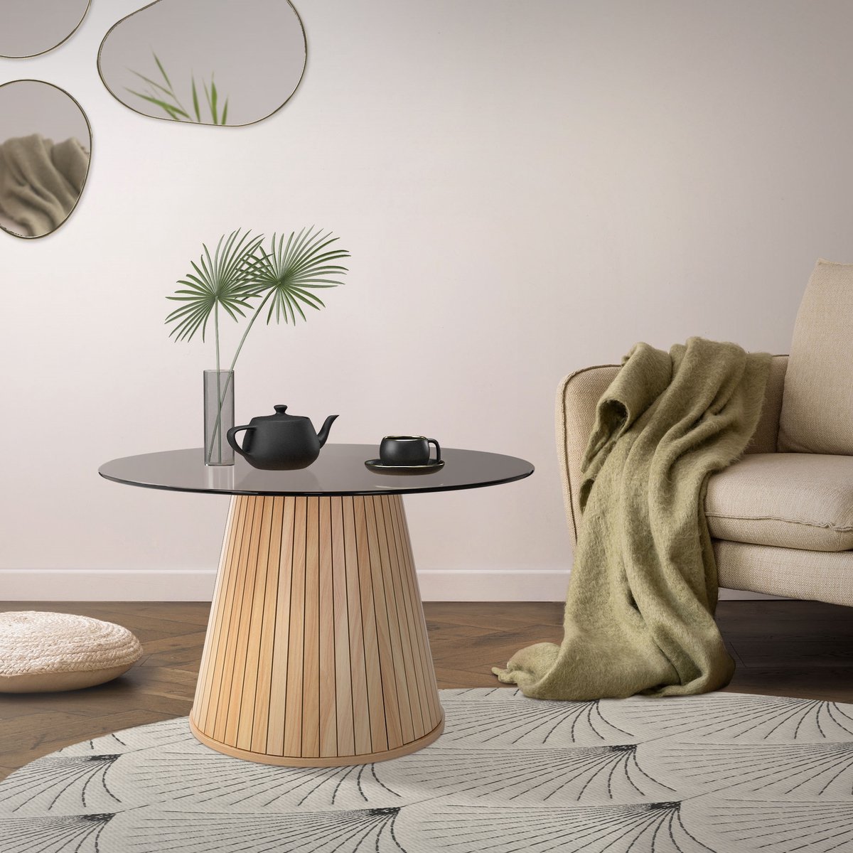 ml-design salontafel rond 80x80x50 cm bruin houtlook met glazen blad multifunctionele koffietafel bijzettafel moderne woonkamer lage tafel met opbergruimte elegant design tafel voor koffie thee en interieurdecoratie veilig glas en houtmateriaal