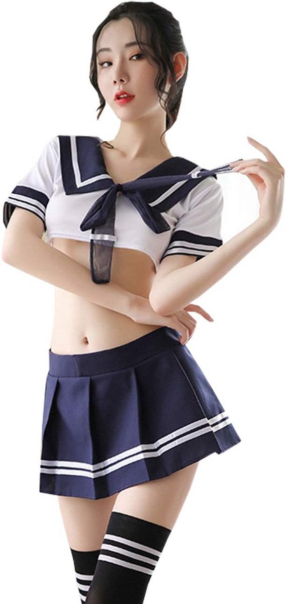 Seksuele Schoolmeisje Cosplay Set met Strik Top, Minirok en Kousen