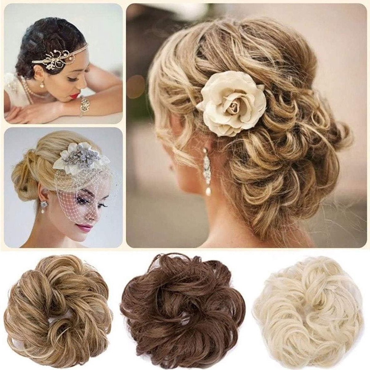 Provento - Rommelige Knot Haarstuk Lichtbruin Kastanjebruin Golvend Krullend Langhaar Extensions - Haarlint Scrunchie Scrunchy Chignon Pruik.