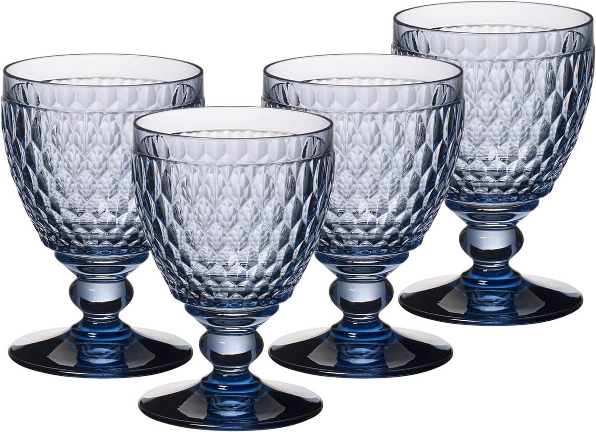 Set van 4 Gekleurde Waterglazen Blauw met Facetpatroon Kristalglas 400 ml Vaatwasmachinebestendig