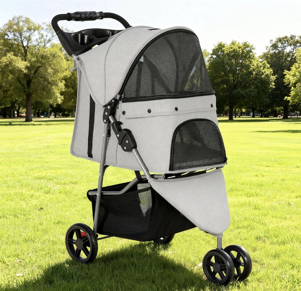 OODBLUE Huisdierenbuggy voor Hond & Kat – Inclusief Regenhoes – Opvouwbare Hondenbuggy & Kattenbuggy tot 15 kg – All-Terrain Wielen – Ademend Mesh – Opbergmand – Outdoor Pet Stroller