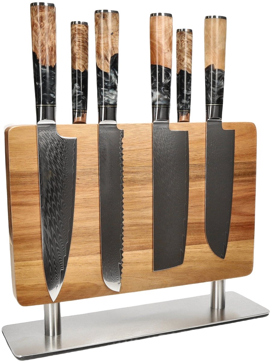 Shinrai Knives - Epoxy Onyx 6-delige Messenset + Messenblok Stans - Koksmes - Vleesmes - Hakmes - Broodmes