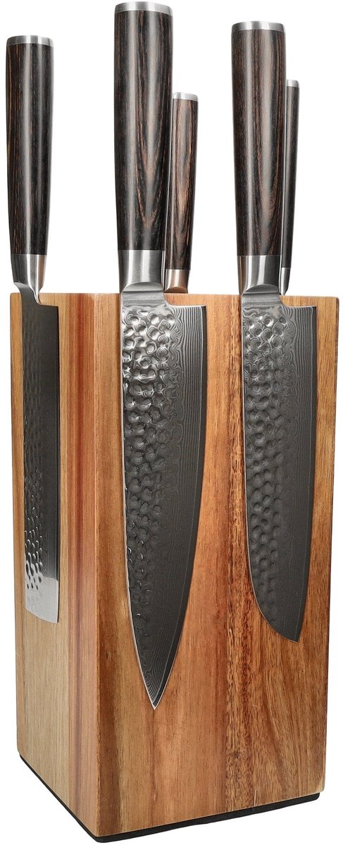 Shinrai Knives - Hammered Damast BR 5-delige Messenset + Messenblok Rotate