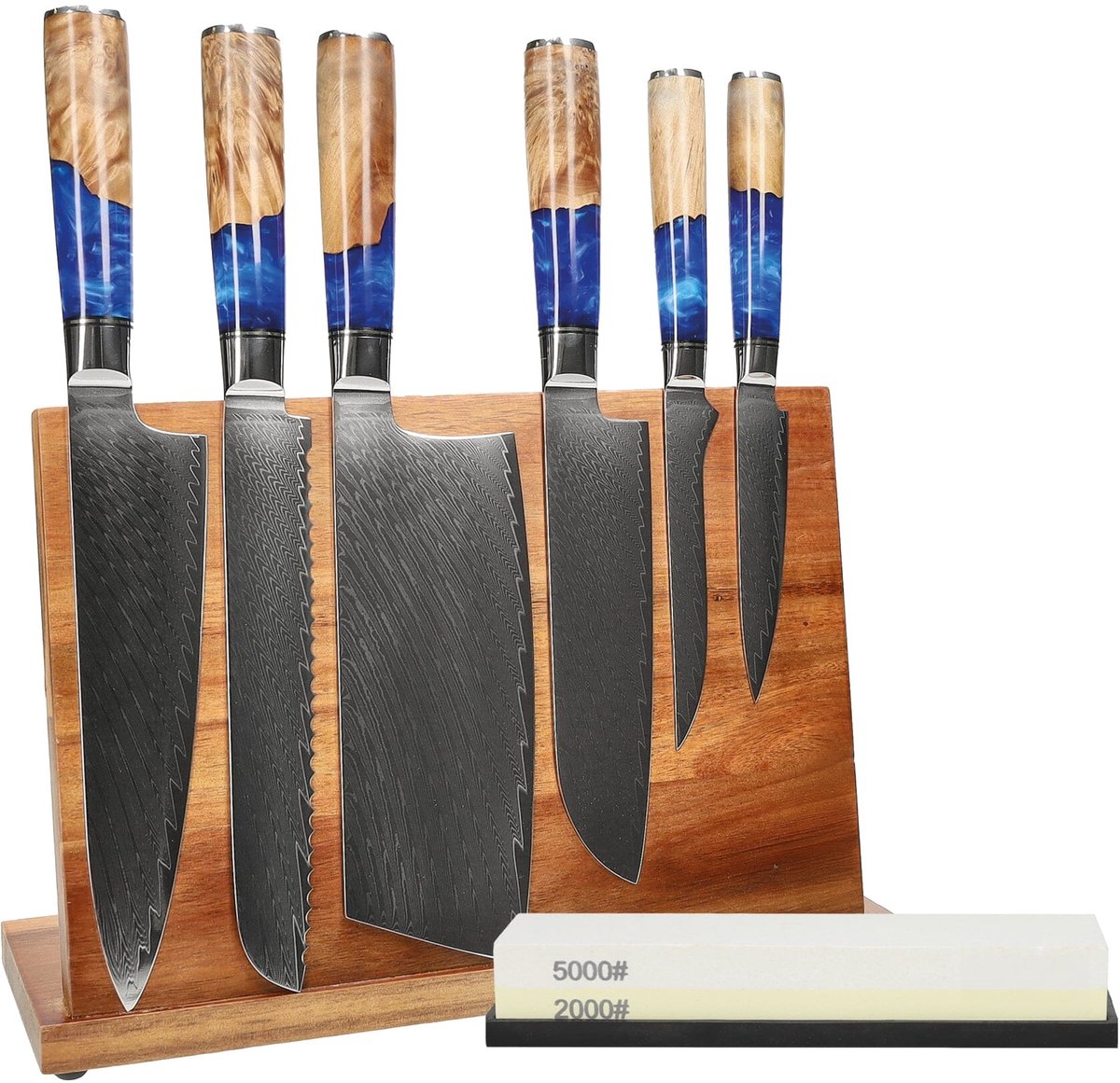 Shinrai Knives - Epoxy Sapphire 6-delige Messenset + Messenblok + Slijpsteen - Vleesmes - Hakmes