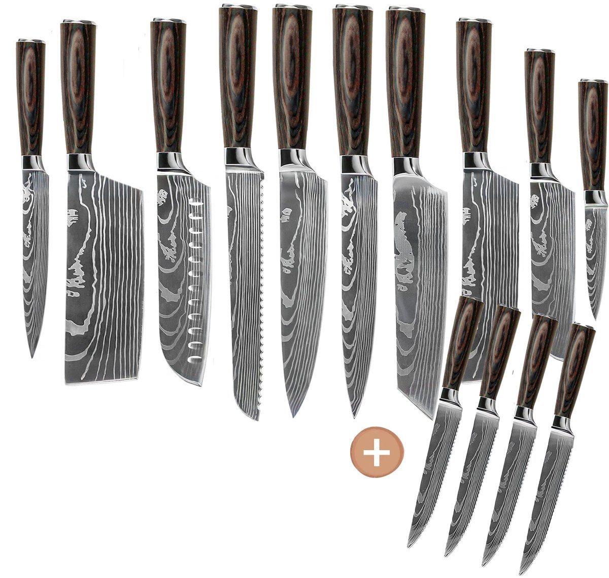 Shinrai Knives - Damascus Print 14-delige Messenset - Master collection XXL set - Koksmes - Vleesmes - Hakmes - Broodmes