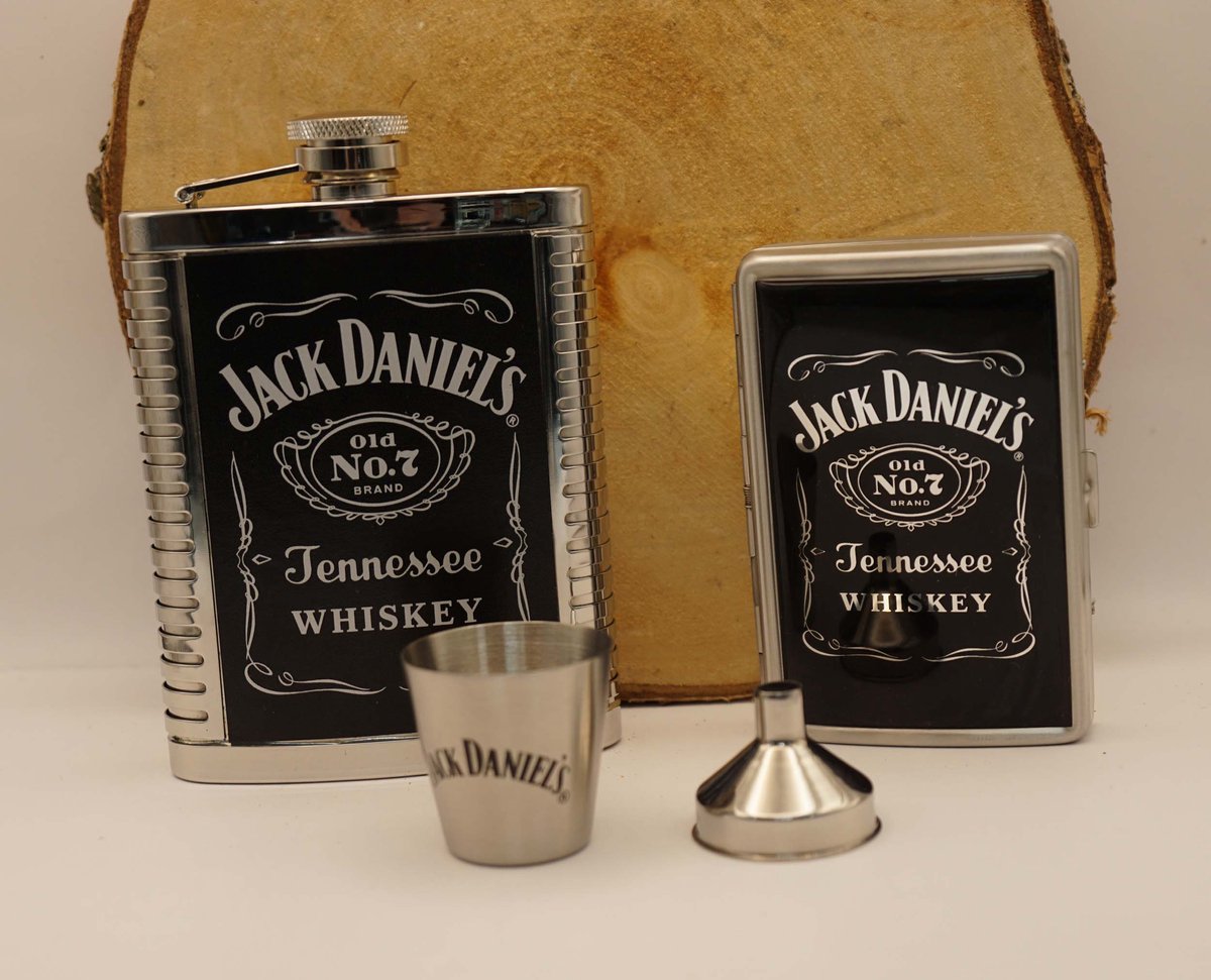 Geschenkset Jack Daniel's drank heupflacon, sigarettenhouder met 1 borrelbekers en trechter - drinkfles Jack Daniel's - drankflacon rvs Jack Daniel's - cadeau artikelen Jack Daniel's - Originele Licensed Jack Daniel's drank flesje - sigaretten houder