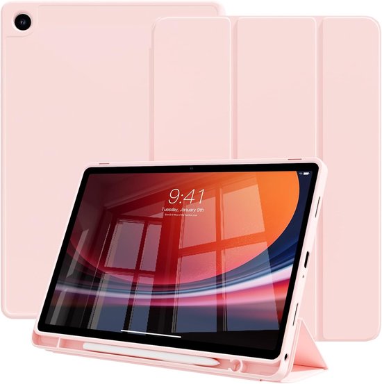 Une housse de tablette rose avec des plis tri-pli, et une tablette affichant un paysage coloré à l'écran, en position support.